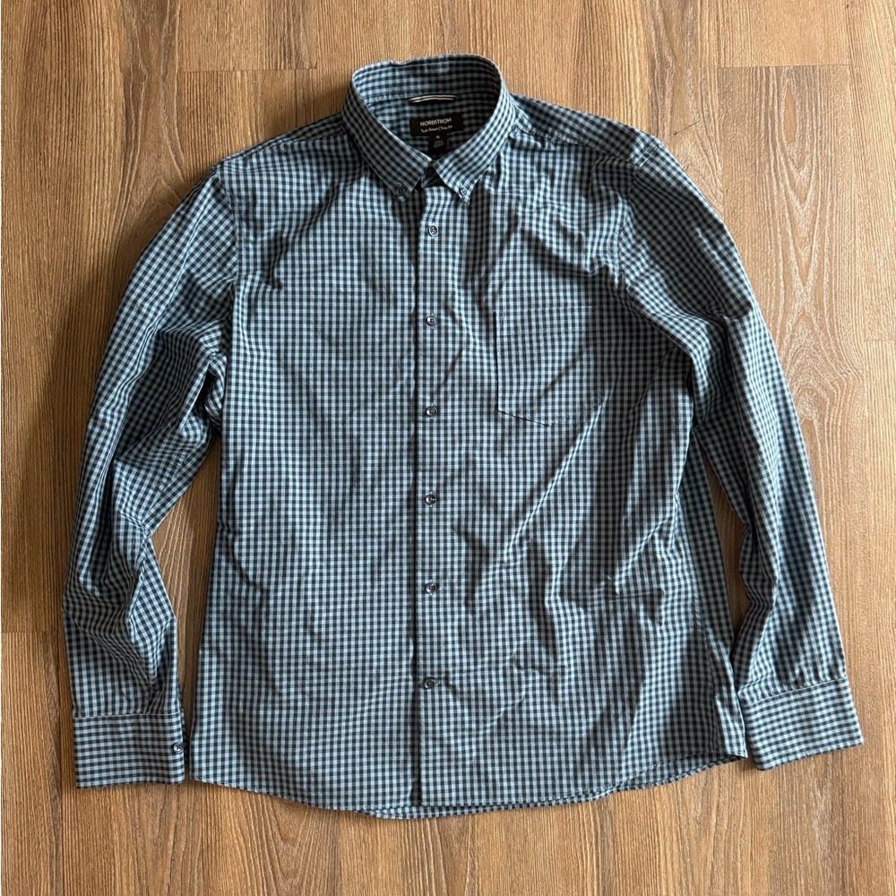 Nordstrom Tech-Smart CoolMax® Trim Fit Gingham Button-Down Shirt, Blue, XL